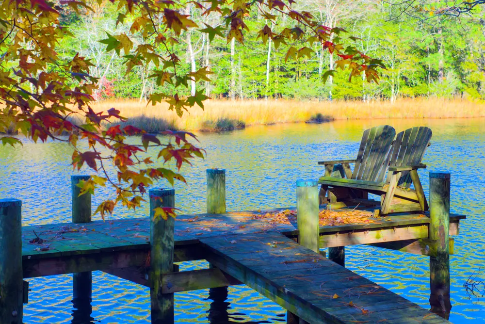 The dock at Casa Blue Heron in fall color